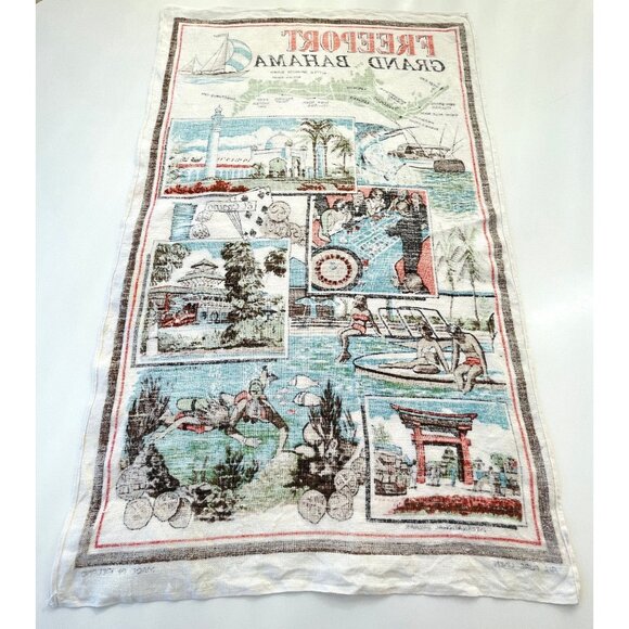 Vintage 60s Freeport Bahamas tea towel, souvenir linen, 100% linen, Ireland - Picture 4 of 8